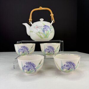 Vintage Otagiri Iris Bouquet Teapot & 4 Cups Set Ceramic Bamboo Handle